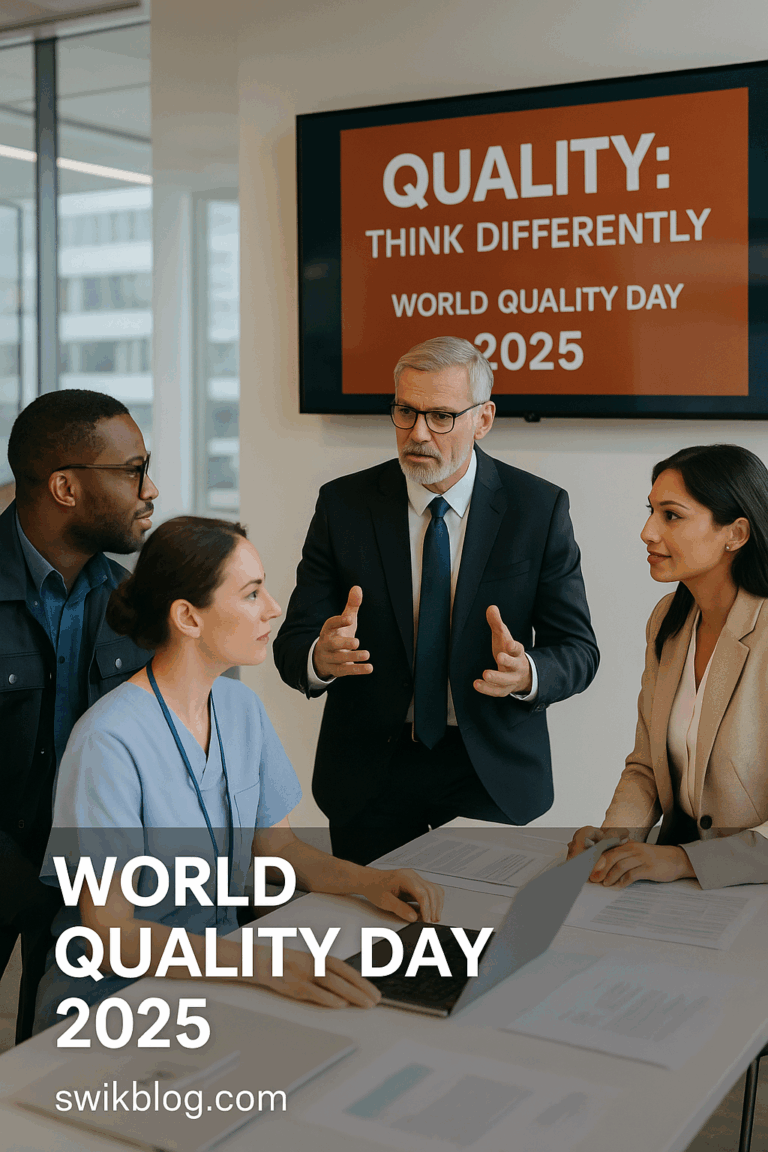 “Diverse professionals collaborating in a bright workspace with digital screens showing the theme ‘Quality: Think Differently’ during World Quality Day 2025 celebration.”