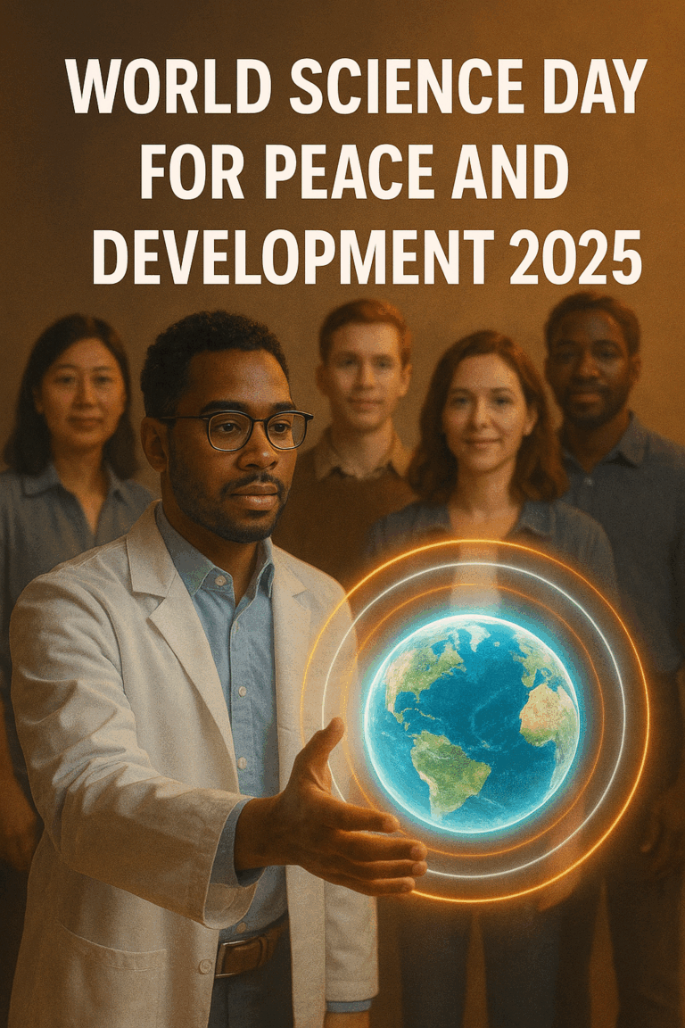 Scientist holding holographic Earth symbolizing healing through science – World Science Day 2025.