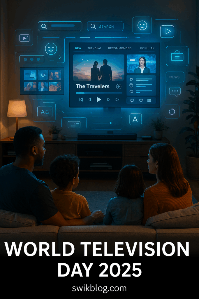Family watching multiple smart TV screens with AI overlays for World Television Day 2025