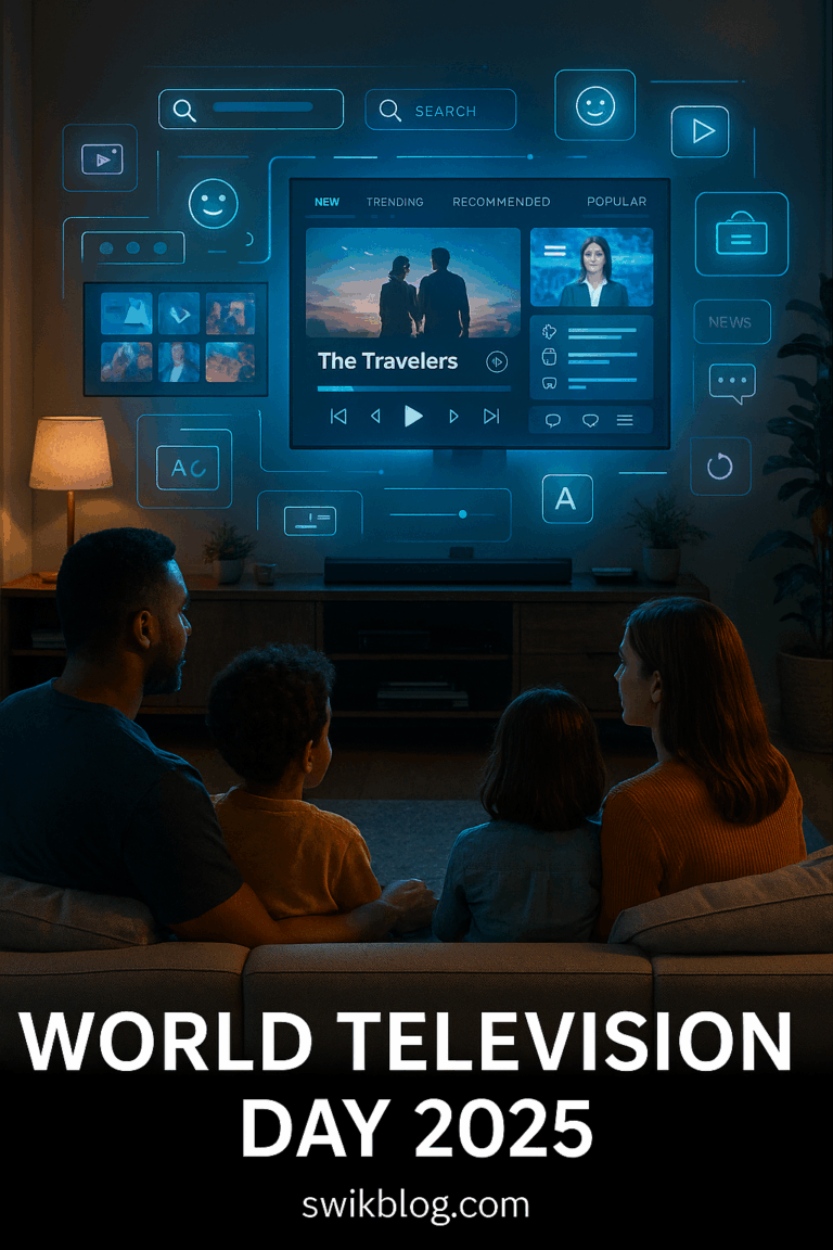 Family watching multiple smart TV screens with AI overlays for World Television Day 2025