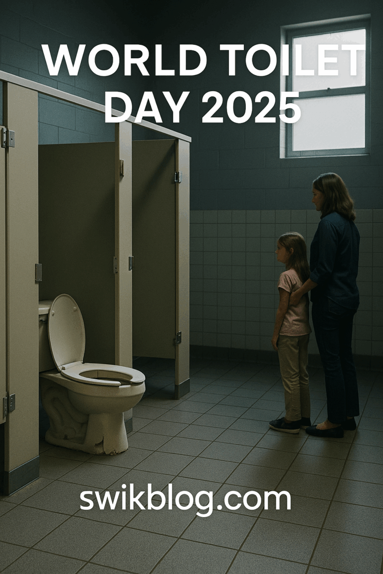 “Editorial photo of a woman and child looking at a broken toilet in a dim public restroom, highlighting the global sanitation crisis for World Toilet Day 2025.”