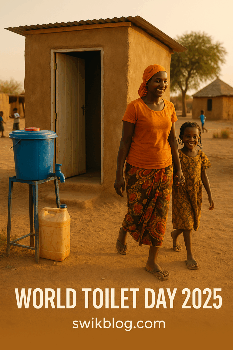 World Toilet Day 2025: clean community toilet and handwashing station in rural Niger symbolizing sanitation progress.