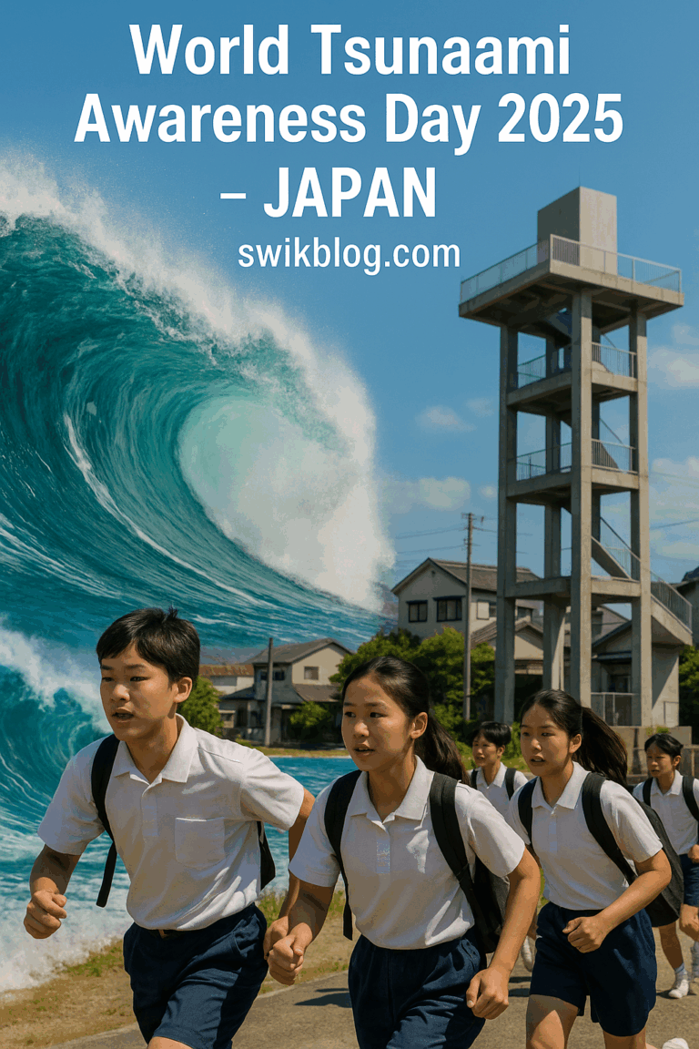 Japanese students participating in a tsunami drill near an evacuation tower with a giant wave, symbolizing World Tsunami Awareness Day 2025 preparedness.