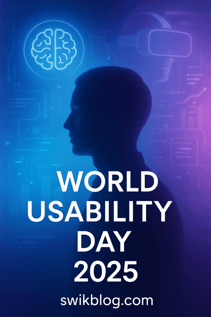 Human silhouette surrounded by futuristic tech symbols representing World Usability Day 2025 and the theme ‘Emerging Technologies and Human Experience’.