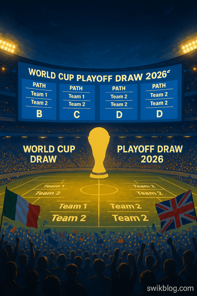 Stadium full of fans with giant screens showing the 2026 World Cup playoff draw brackets under dramatic night lighting.