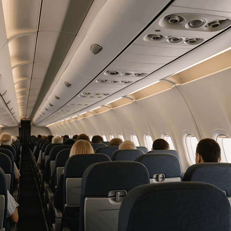 Airplane cabin interior showing passengers seated and overhead vents