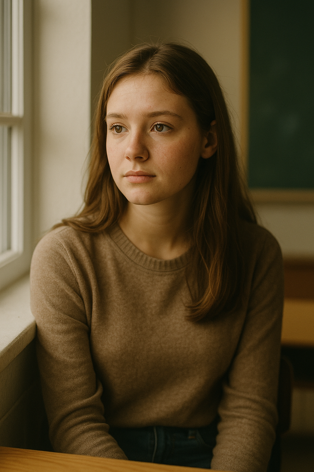 Portrait of a young woman reflecting during Anti-Bullying Week 2025, sunlight on her face by a classroom window.