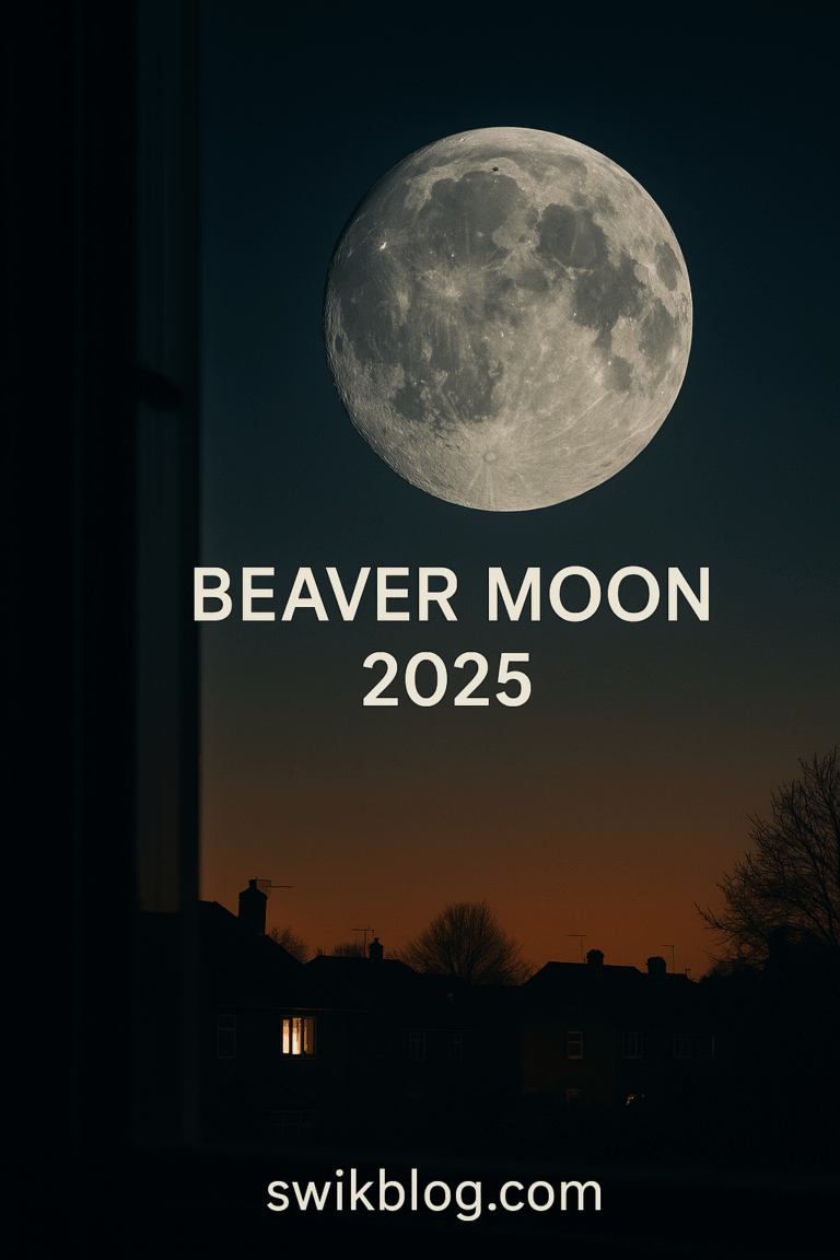 Luminous Beaver Supermoon rising over a quiet neighborhood, viewed through a window with warm glow and swikblog.com overlay.