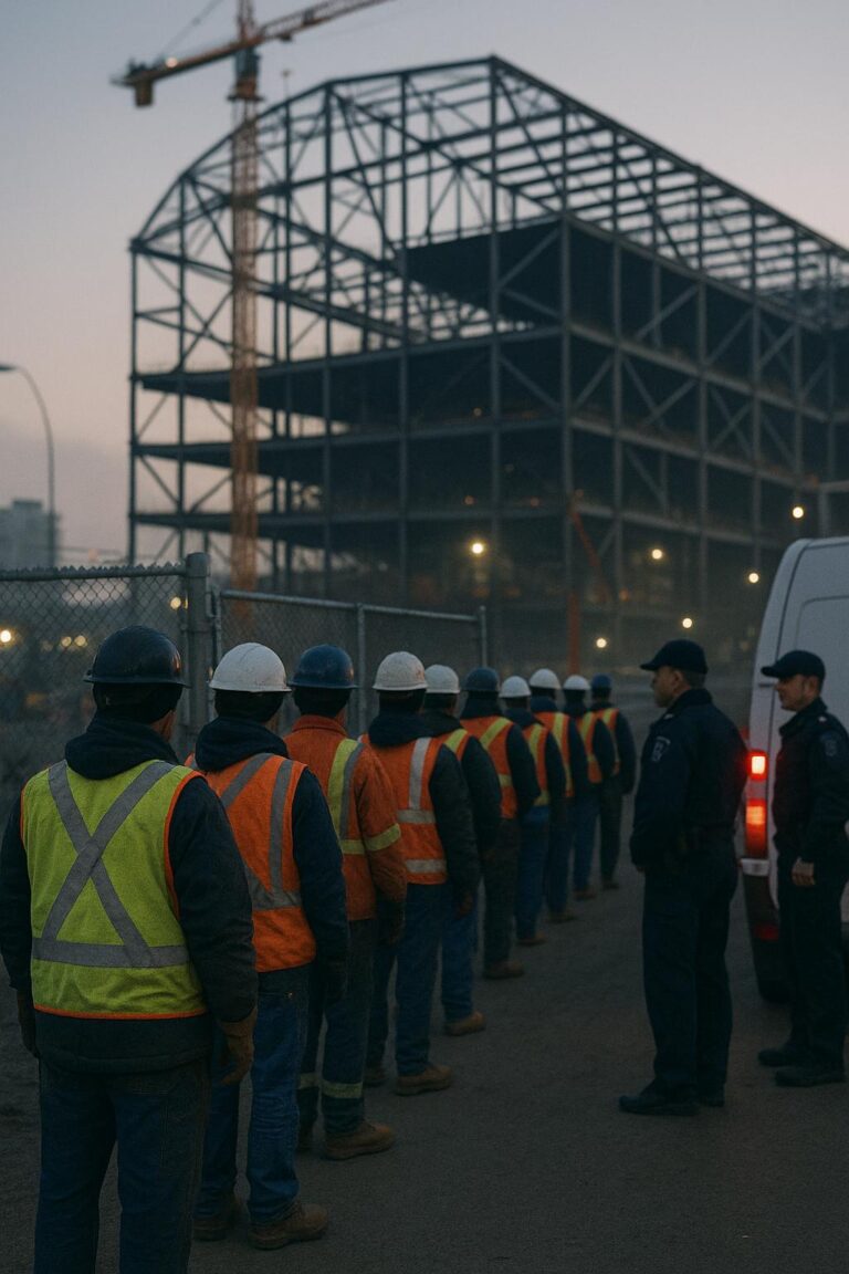 Construction workers lined up for ID checks during a CBSA-led raid at a Calgary event centre site.