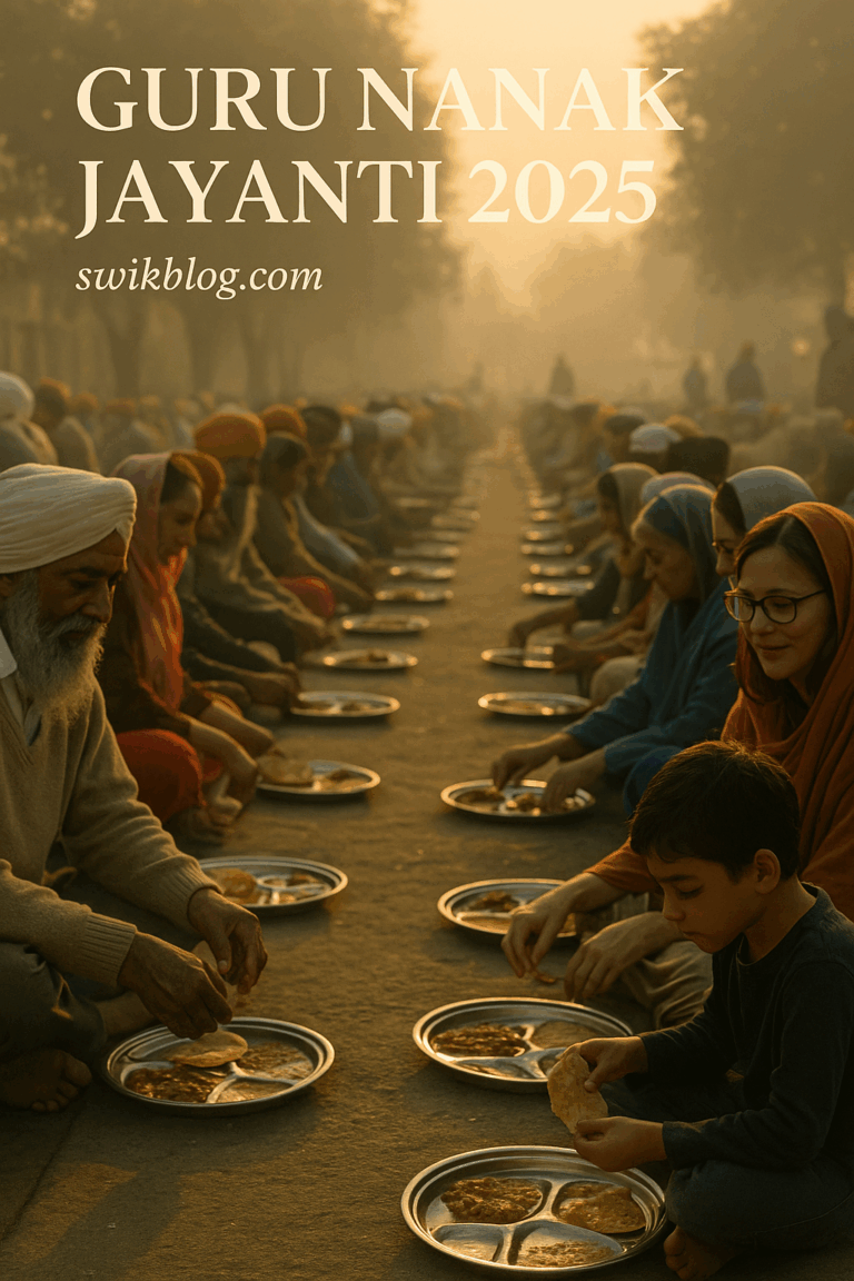 People of all ages and backgrounds sharing a peaceful Langar meal at dawn during Guru Nanak Jayanti 2025, symbolizing equality, mindfulness, and community well-being – swikblog.com.