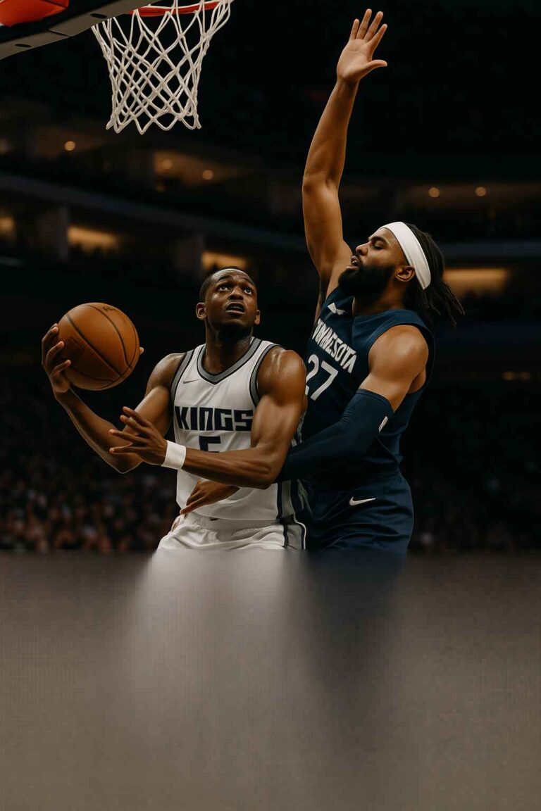 NBA action shot of Kings vs Timberwolves during overtime as Minnesota suffers another late-game collapse.