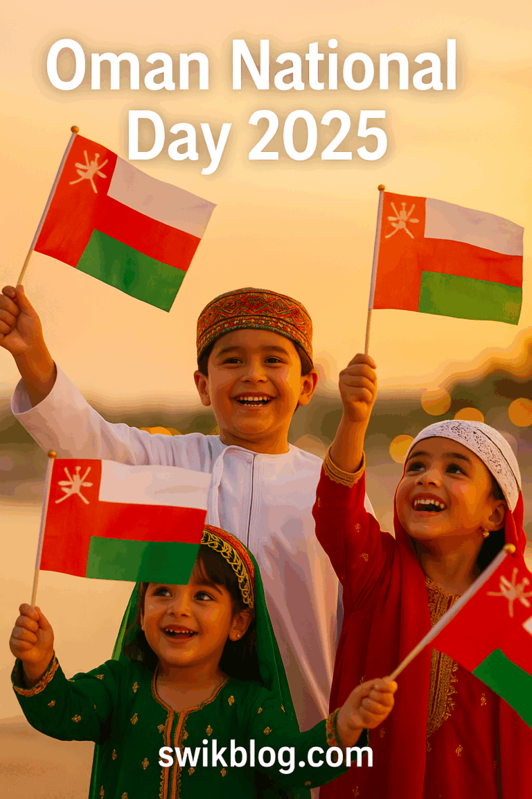 Omani children waving national flags during Oman National Day 2025 celebrations at sunset, wearing traditional dress with joyful expressions, swikblog.com
