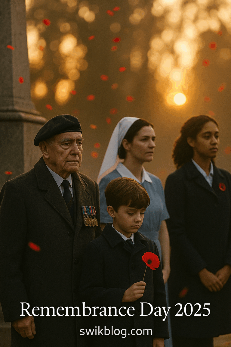 A veteran with service medals and a child holding a red poppy stand silently at a cenotaph at dawn, honoring Remembrance Day 2025.