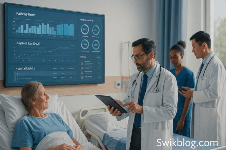 Doctor using SAP-powered tablet beside patient in modern hospital, digital dashboard showing analytics, swikblog.com overlay.