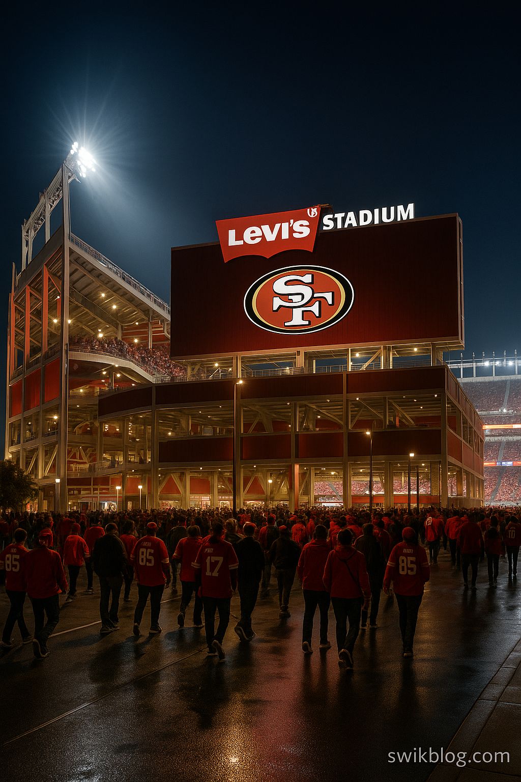 Levi’s Stadium lit up at night with San Francisco 49ers fans arriving for Monday Night Football
