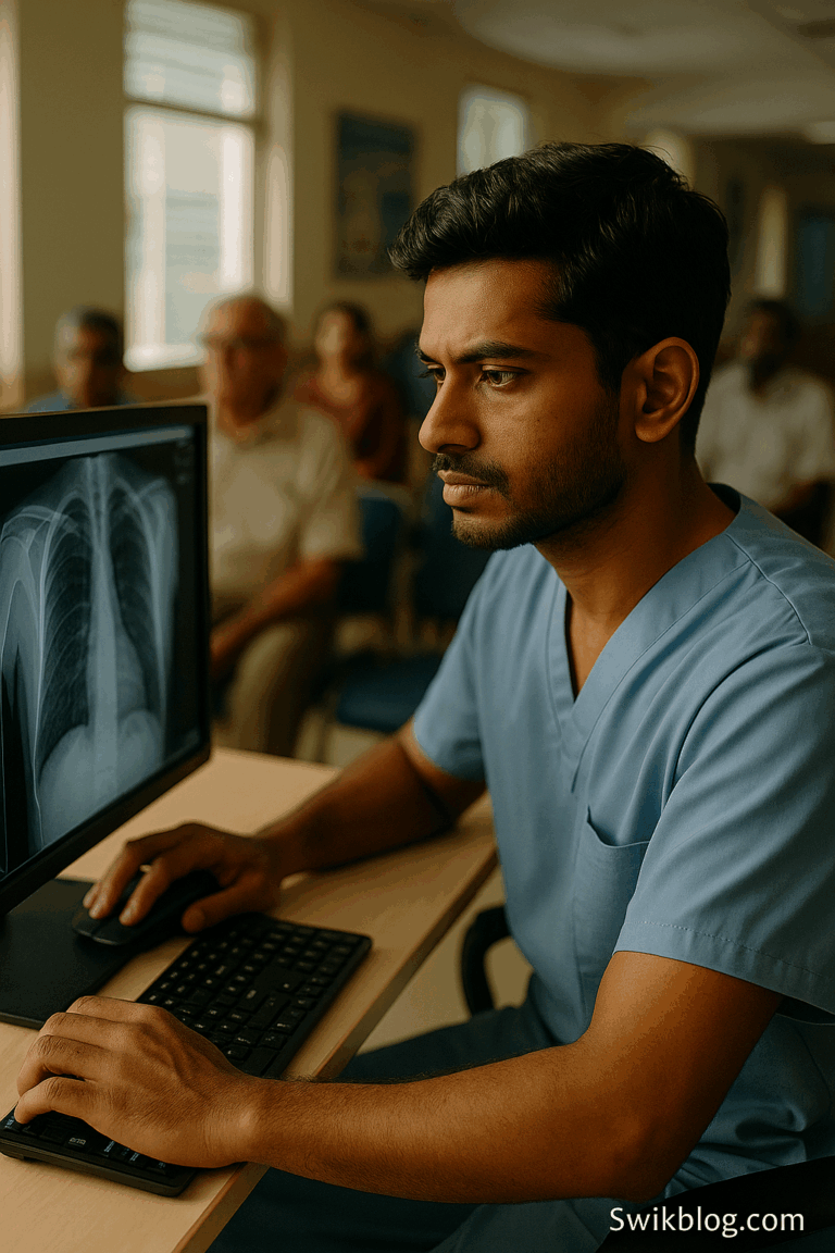 Young South Asian radiographer analyzing lung X-rays on a digital monitor in a community hospital, highlighting real-world healthcare and technology in 2025.