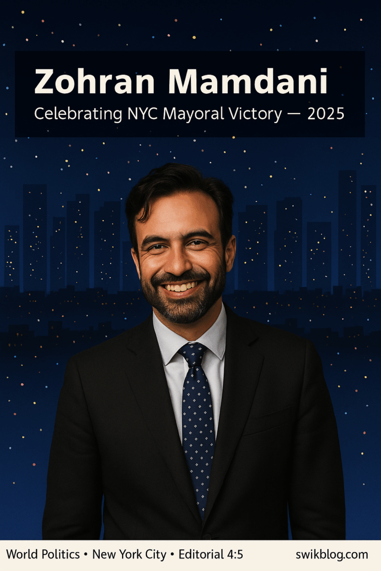 Zohran Mamdani celebrating NYC mayoral victory in 2025 with stylized New York skyline, confetti