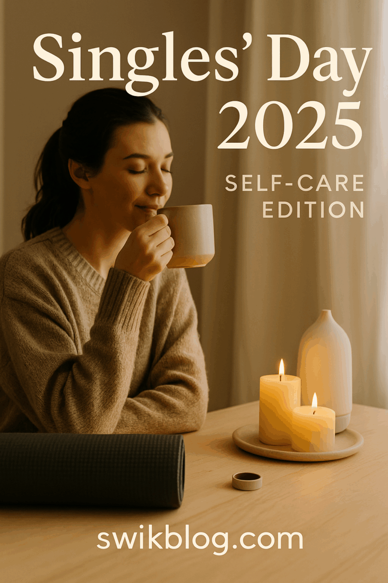 Singles’ Day 2025 self-care gifts flat lay with wellness items and cozy morning aesthetic.