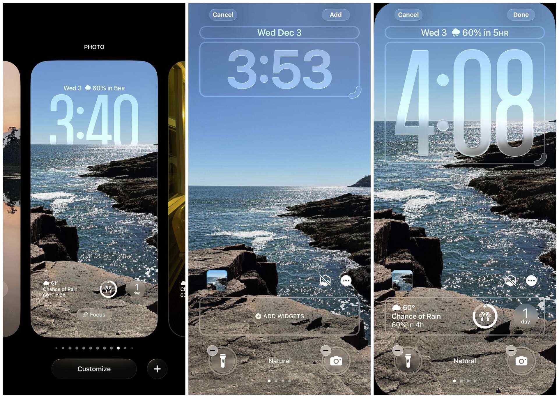 iPhone lock screen customization showing new iOS 26.2 transparent clock style over an ocean cliff background