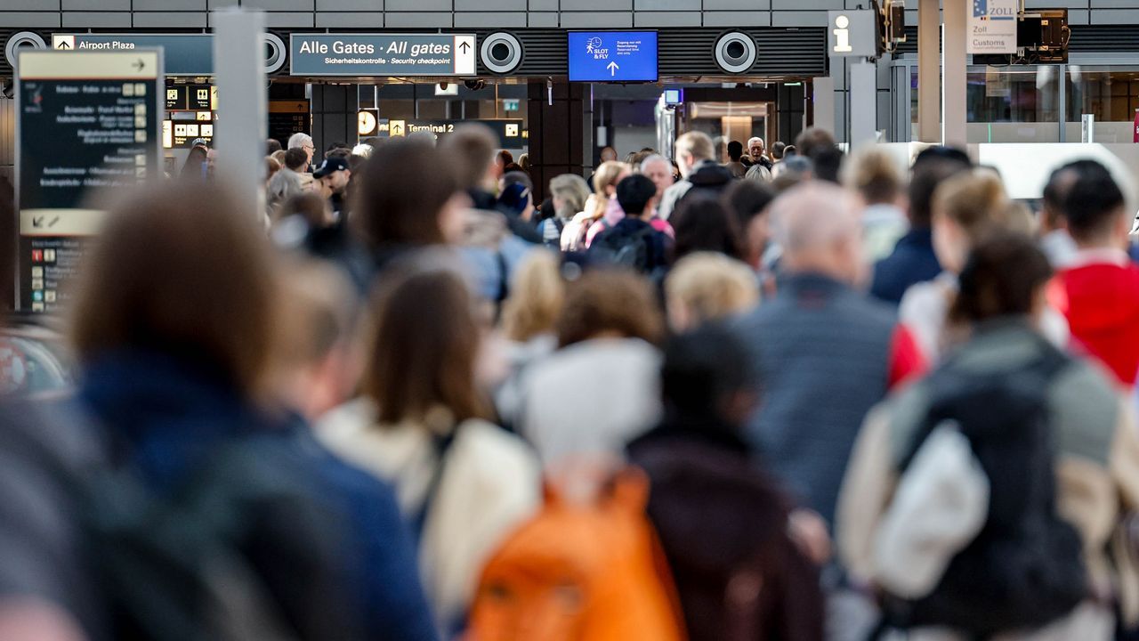Travellers queue at US airport passport control