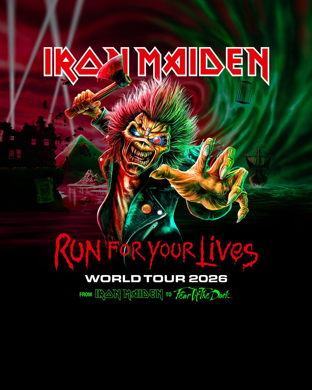 Iron Maiden live concert crowd and stage lighting (illustrative)