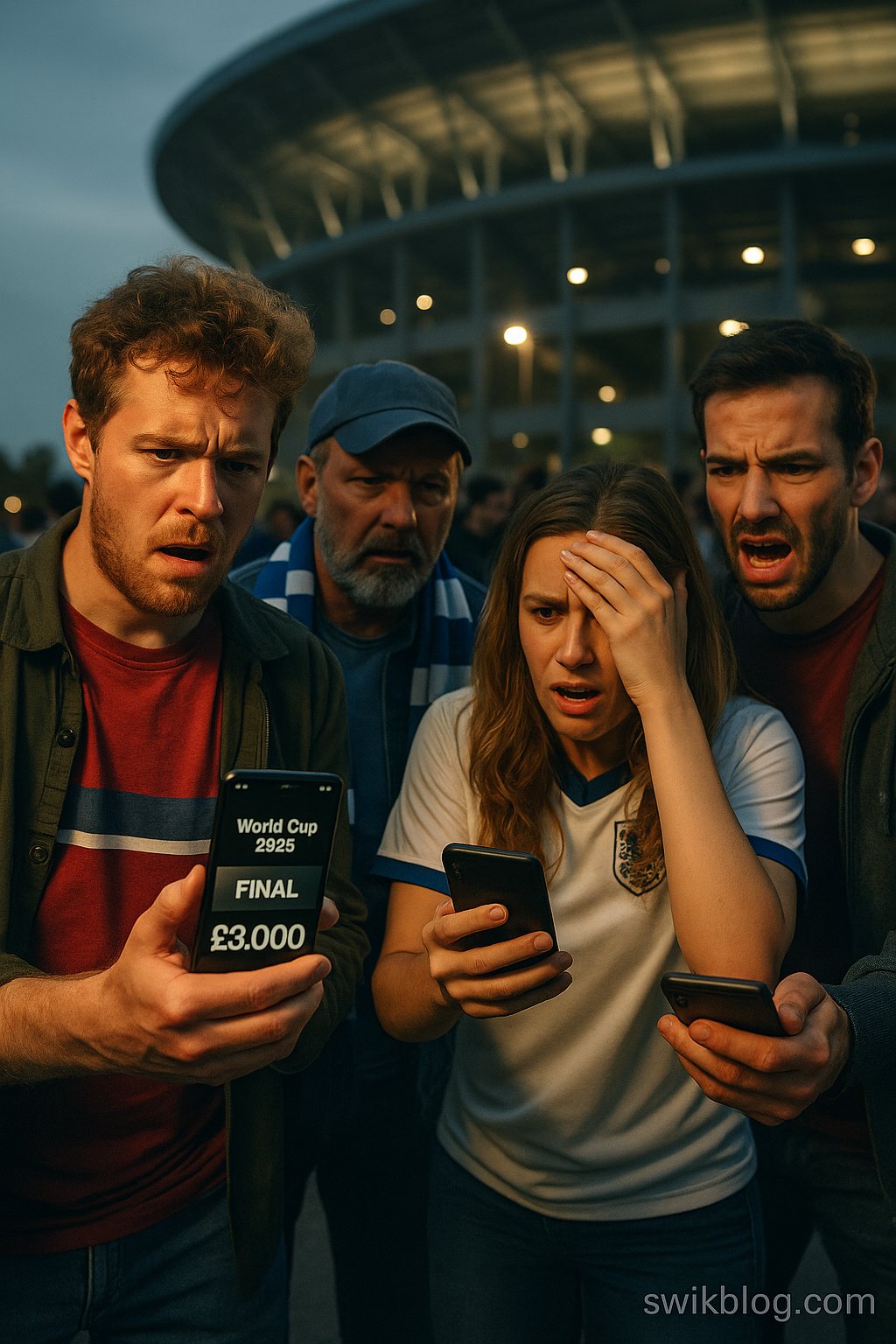 Football fans in a stadium holding World Cup flags while looking at ticket prices on their phones