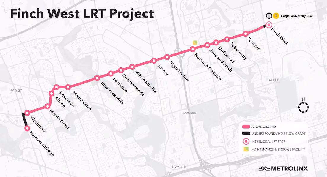 Finch West LRT train at a station in Toronto