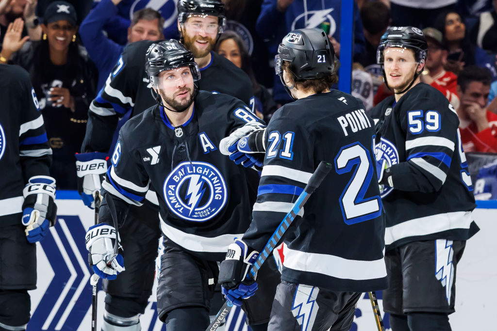 Tampa Bay Lightning players celebrate a goal against Montreal Canadiens at Bell Centre
