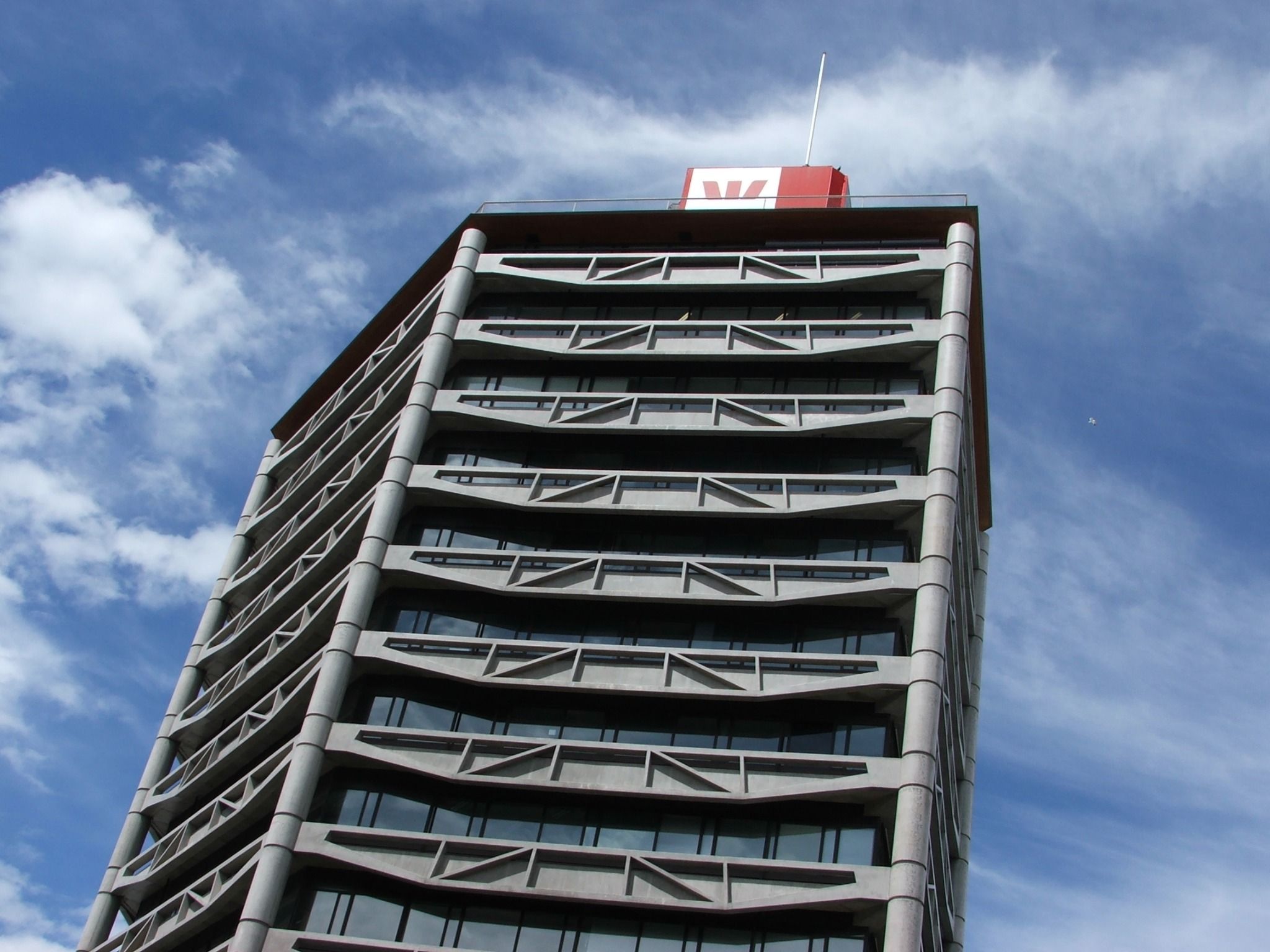 Westpac office building against a blue sky in Christchurch, New Zealand