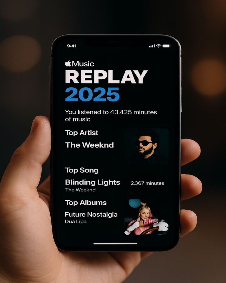 Apple Music Replay 2025 showing listening stats, top artists and songs on iPhone screen