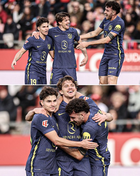 Atlético Madrid players celebrate after scoring against Girona in LaLiga