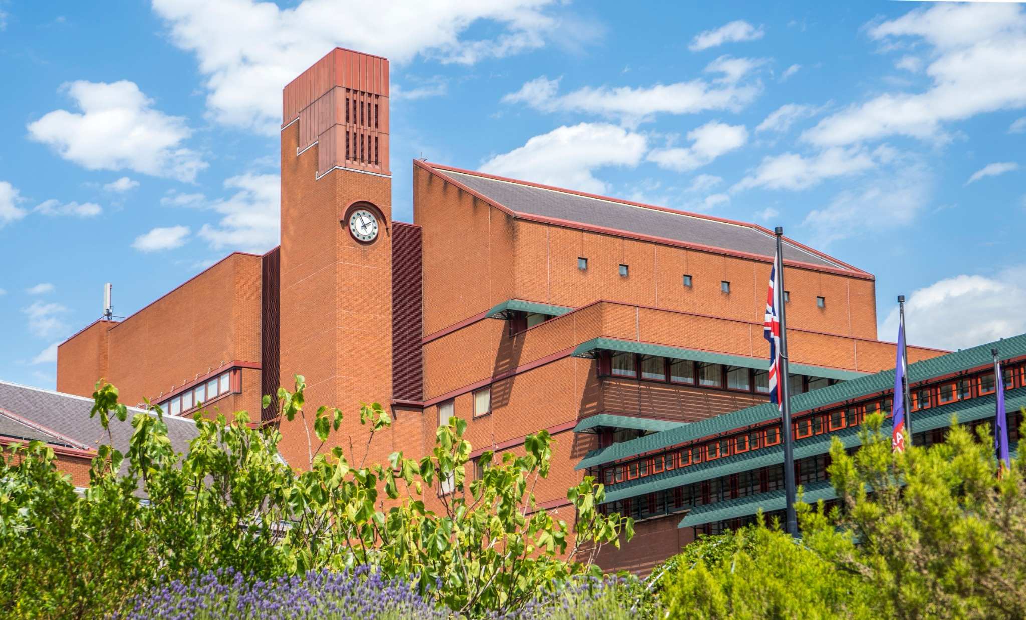 Exterior view of the British Library building in London on a bright day