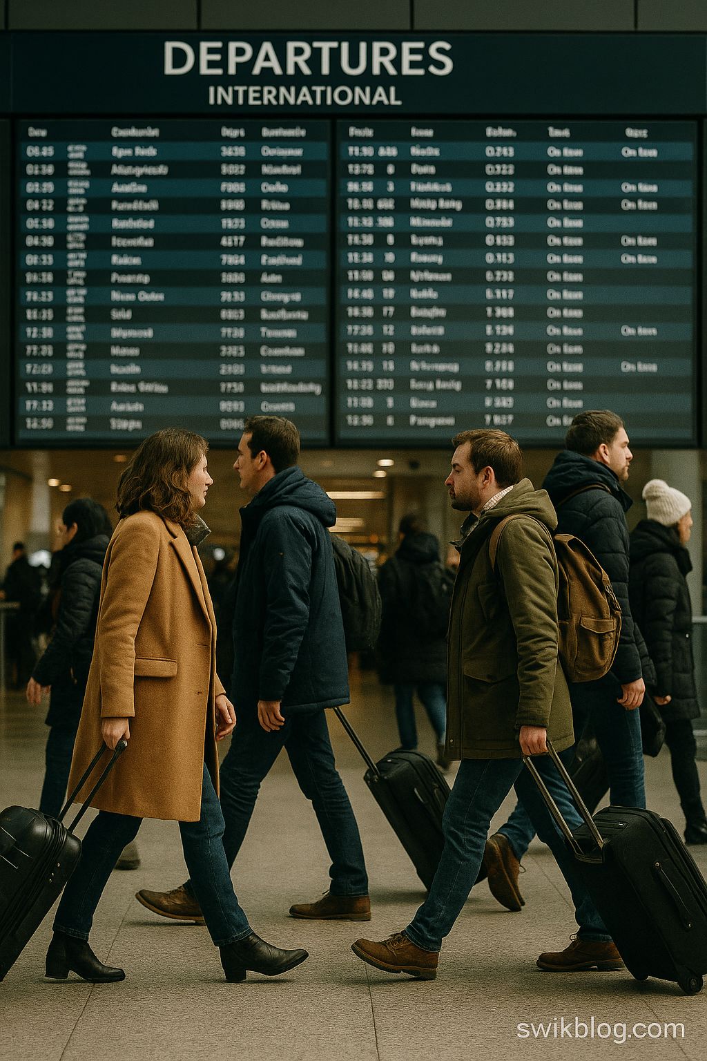 Travellers walking through a busy winter airport terminal