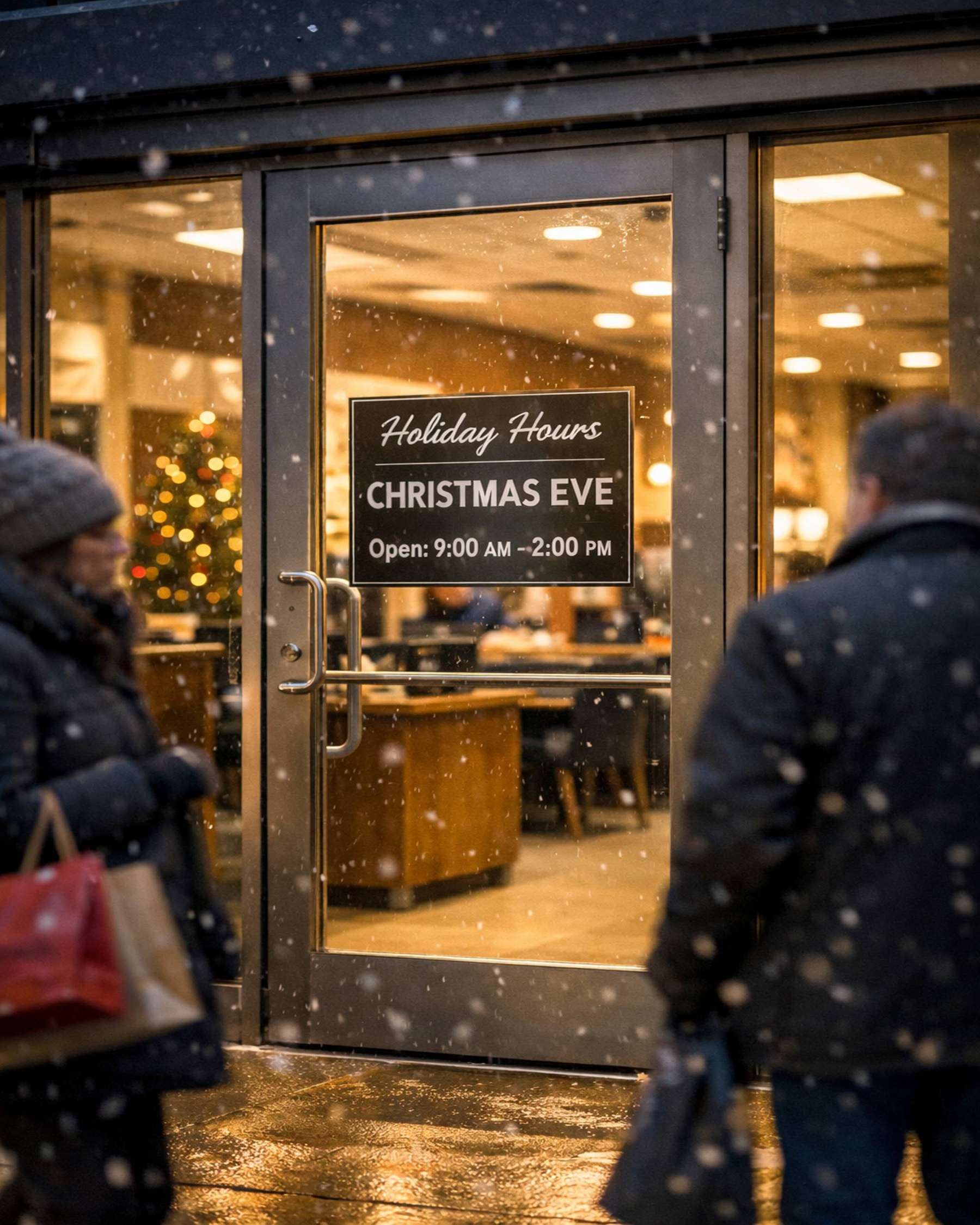 A bank branch with a holiday hours sign on Christmas Eve in the USA