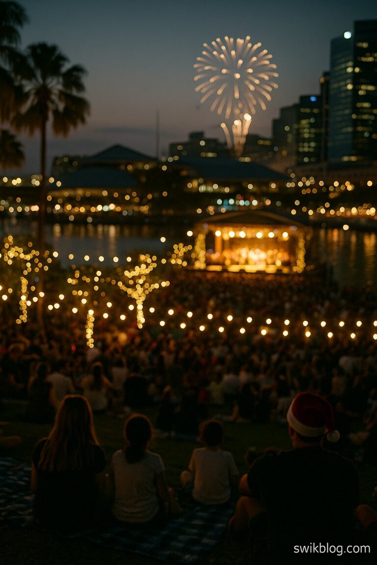 Darling Harbour Christmas Festival at Tumbalong Park with fireworks lighting up Sydney skyline