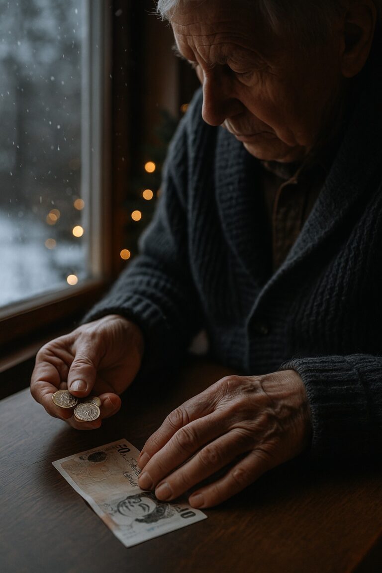 Elderly person counting British pound coins by window during winter, representing DWP Christmas Bonus payment