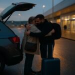 A quiet airport drop-off moment as a parent and adult child share an emotional goodbye before a flight in the UK.
