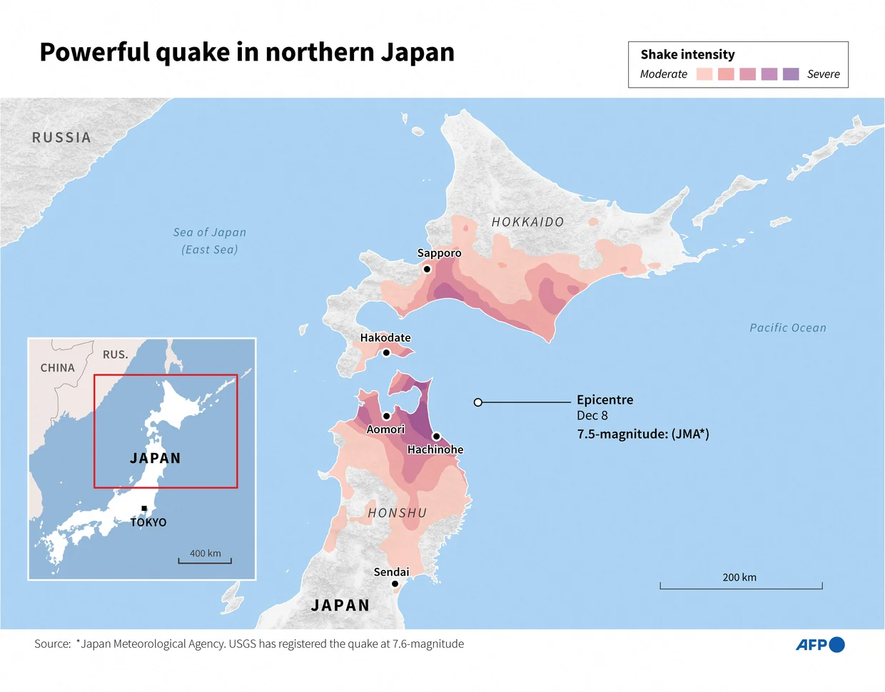 Map highlighting Japan’s earthquake and tsunami risk zones after the 7.5 Aomori offshore quake
