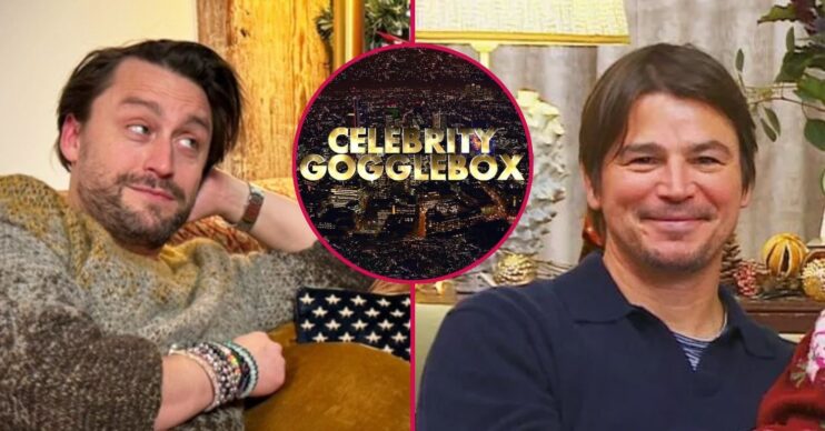 Celebrity Gogglebox Stand Up to Cancer special on Channel 4, with stars reacting on a cosy living room sofa