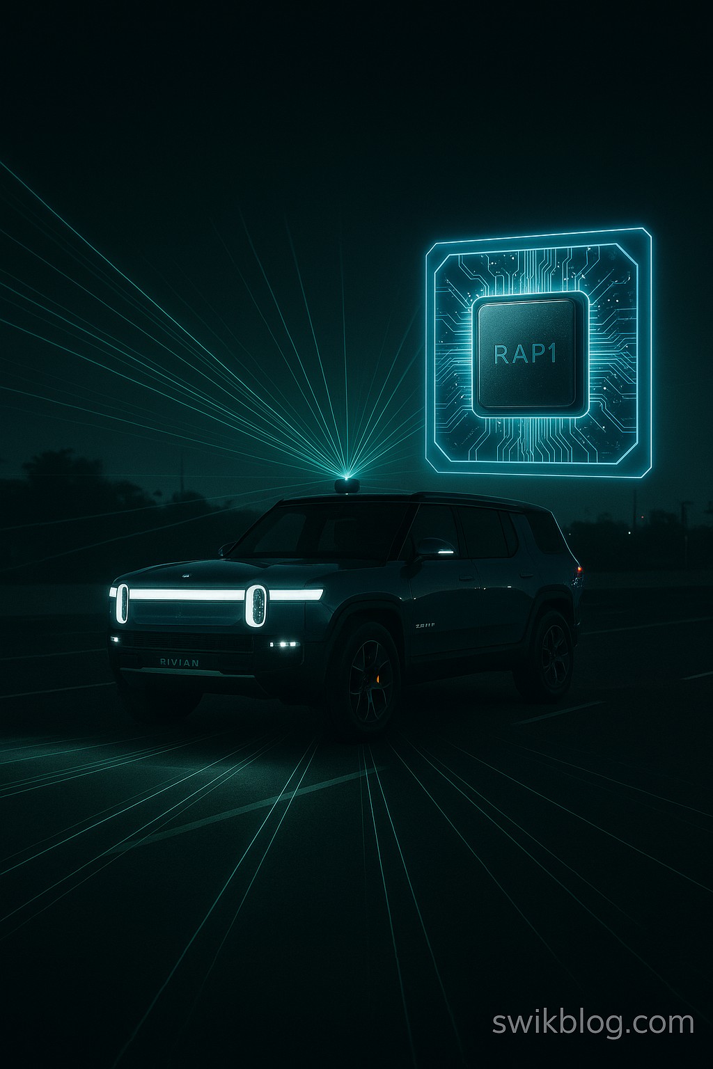 Concept illustration of Rivian’s new RAP1 AI chip powering a lidar-equipped EV