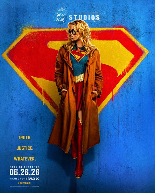 Milly Alcock as Supergirl flying over a futuristic city in the new DC Studios teaser trailer