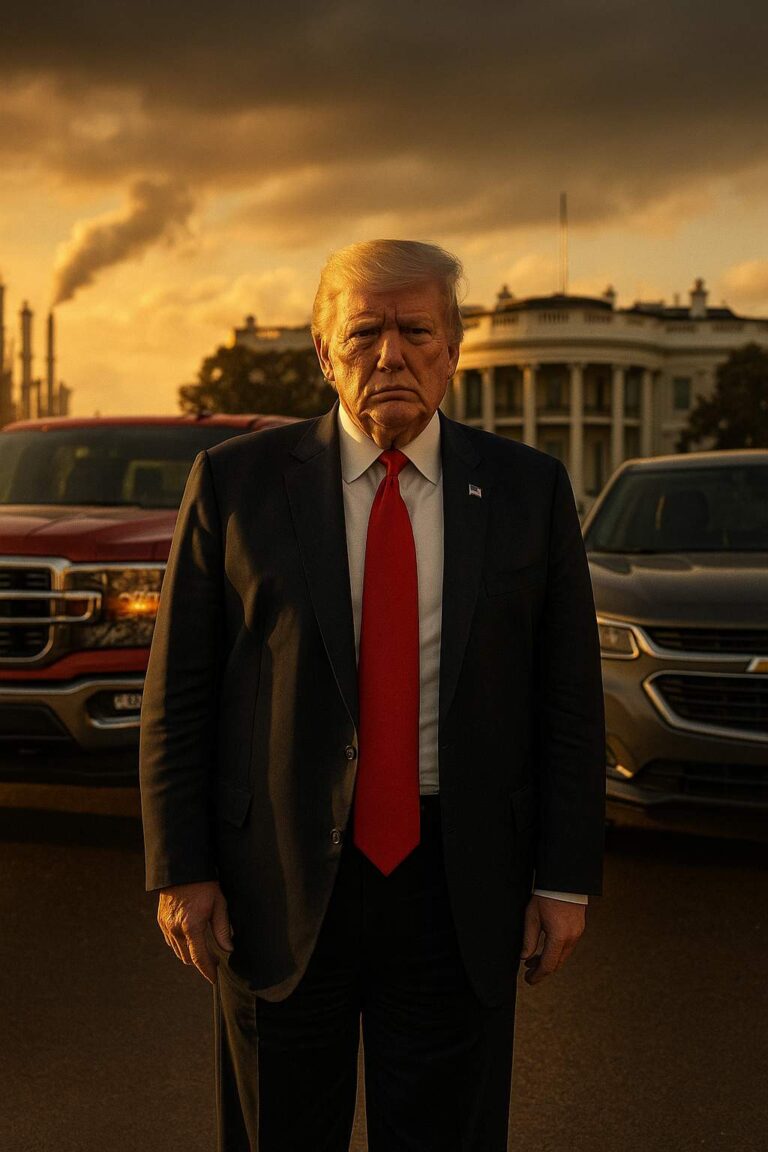 Donald Trump standing before gasoline cars outside the White House as fuel policy shifts