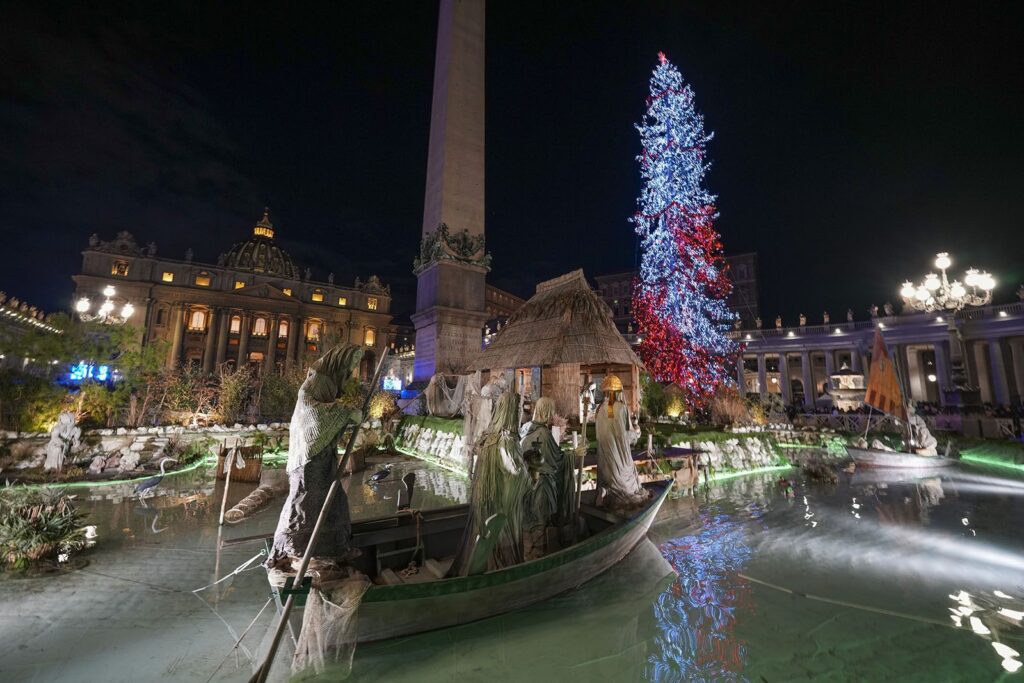 Vatican Lights Christmas Tree and Unveils Nativity Scene in St. Peter’s Square