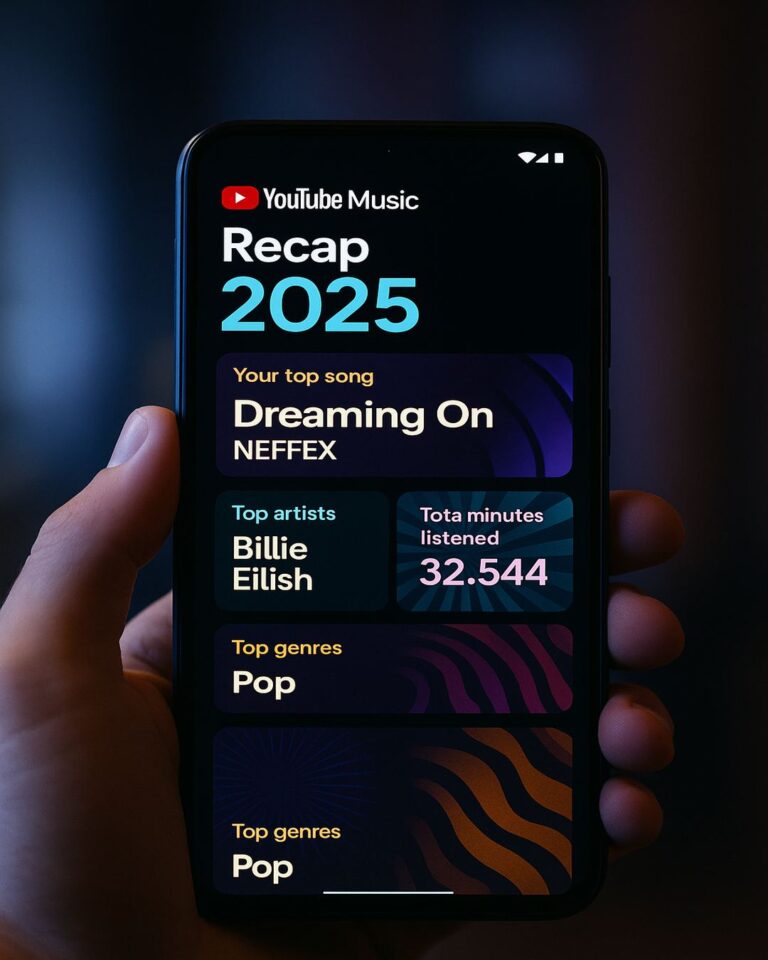 YouTube Music Recap 2025 showing music stats and top artists on smartphone screen