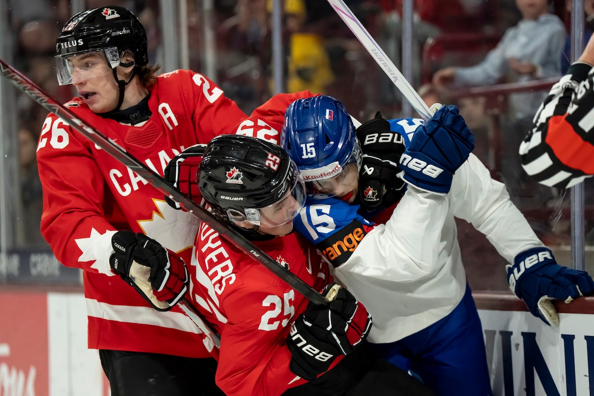 Canada celebrates during the World Junior Hockey Championship quarterfinal vs Slovakia