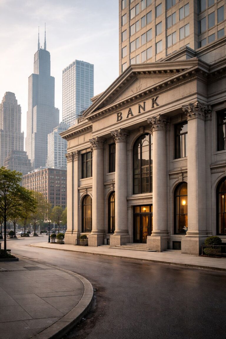 Chicago skyline and bank building as Metropolitan Capital Bank becomes first U.S. bank failure of 2026