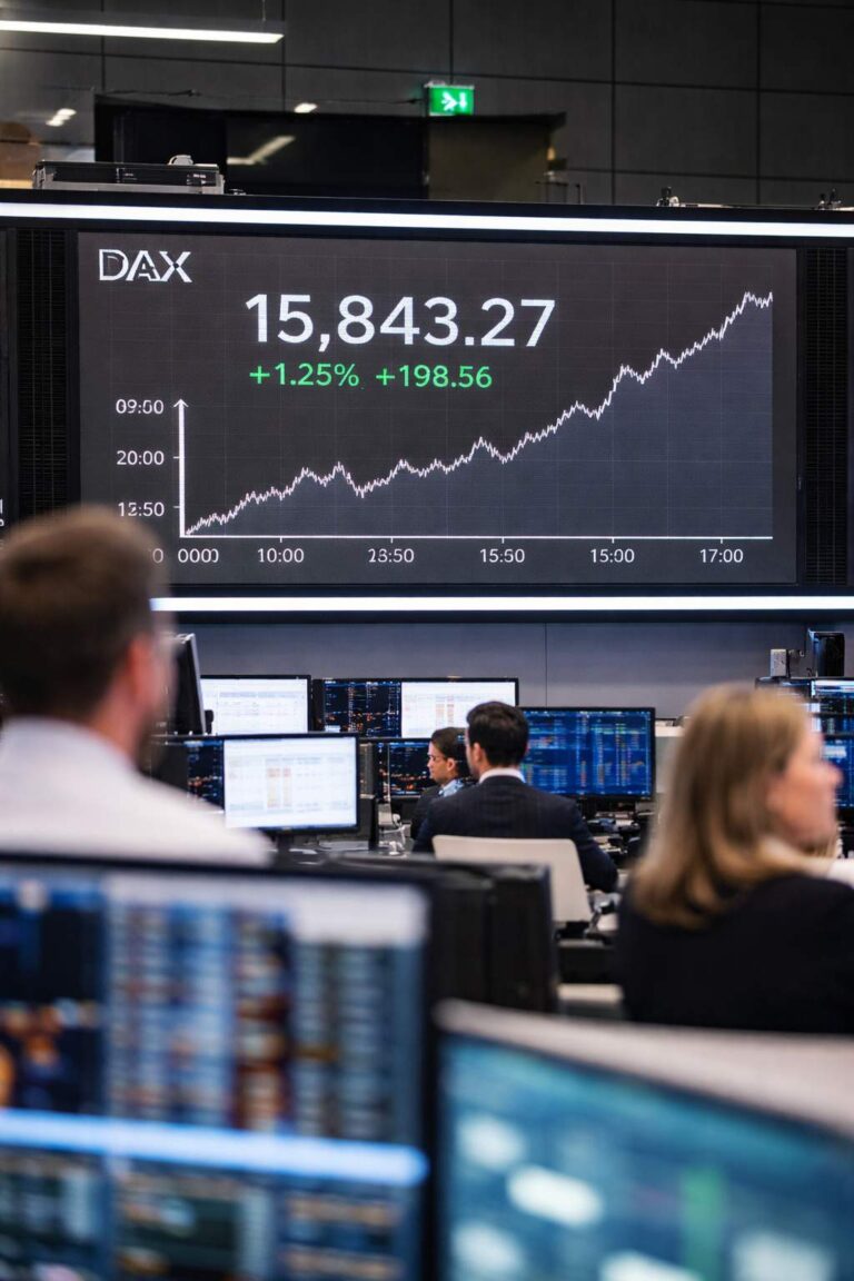 DAX display board at the Frankfurt Stock Exchange as global inflation and US interest rate debates unsettle markets