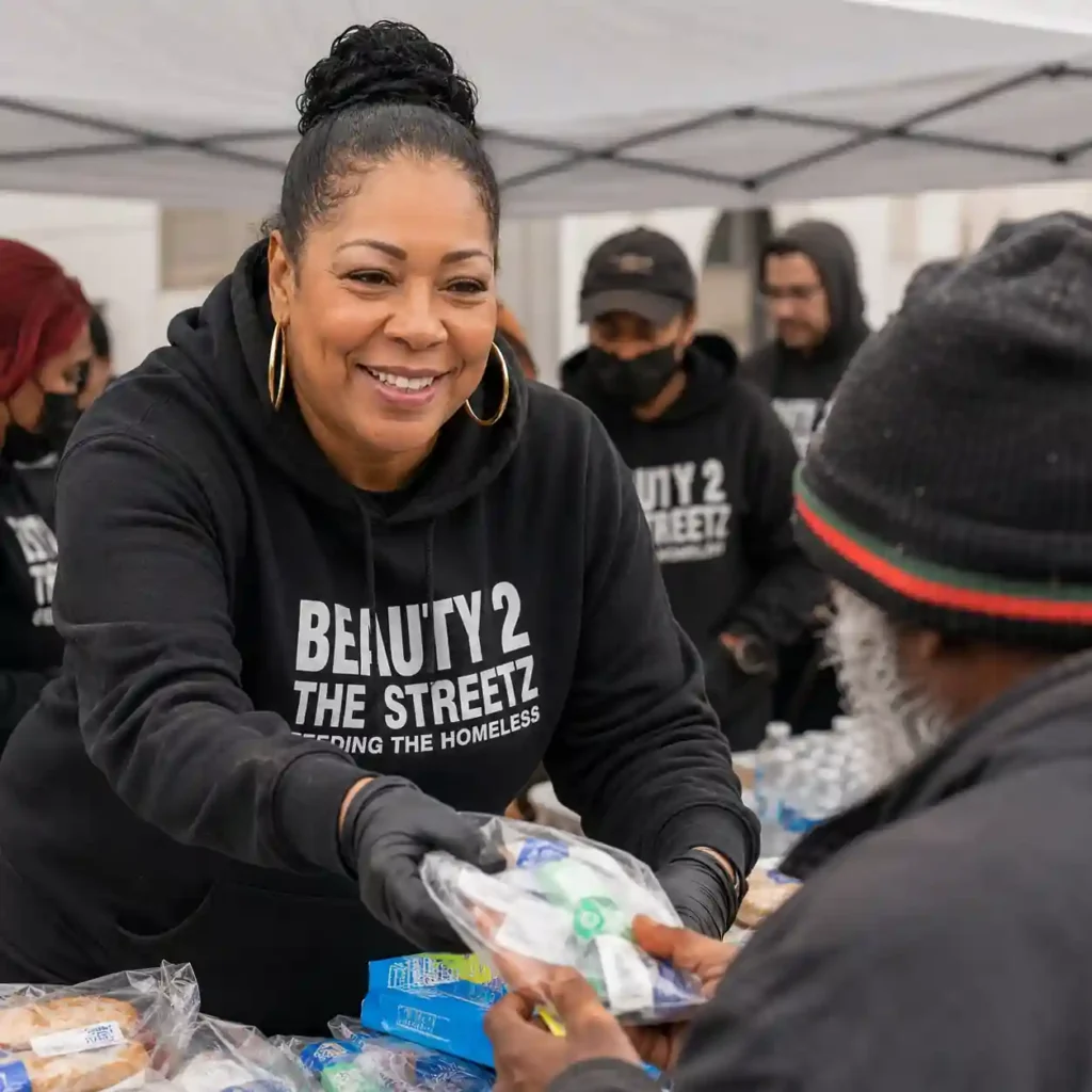 Shirley Raines, founder of Beauty 2 The Streetz, distributes hygiene supplies to a person experiencing homelessness during a community outreach event in Los Angeles.