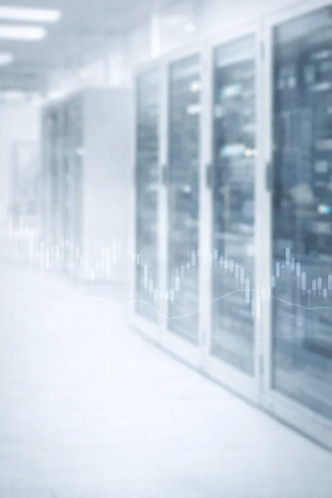 Symmetrical glass data center corridor symbolizing Alphabet AI spending and Nasdaq GOOG stock performance