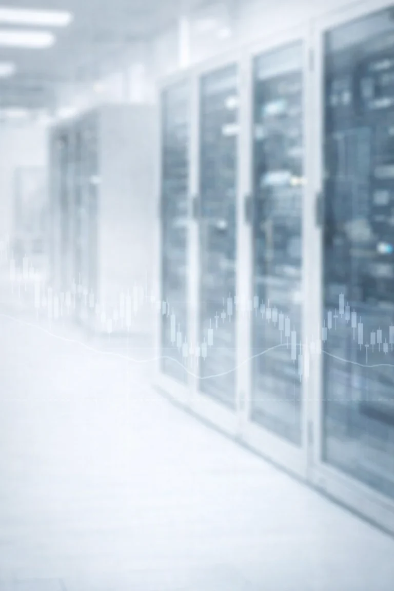 Symmetrical glass data center corridor symbolizing Alphabet AI spending and Nasdaq GOOG stock performance
